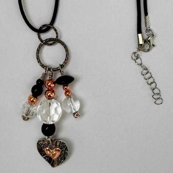 Necklace handmade 3 tier dangle silver heart copper black clear glass OOAK - Picture 5 of 6